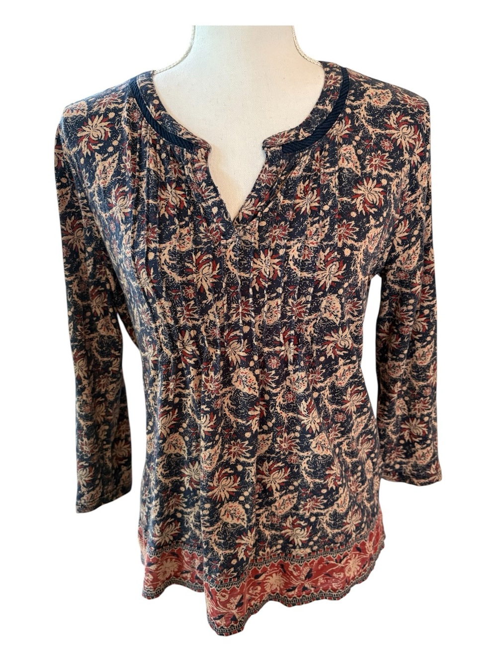 Lucky Brand Navy Floral Boho Peasant Long Sleeved Top.  Size L